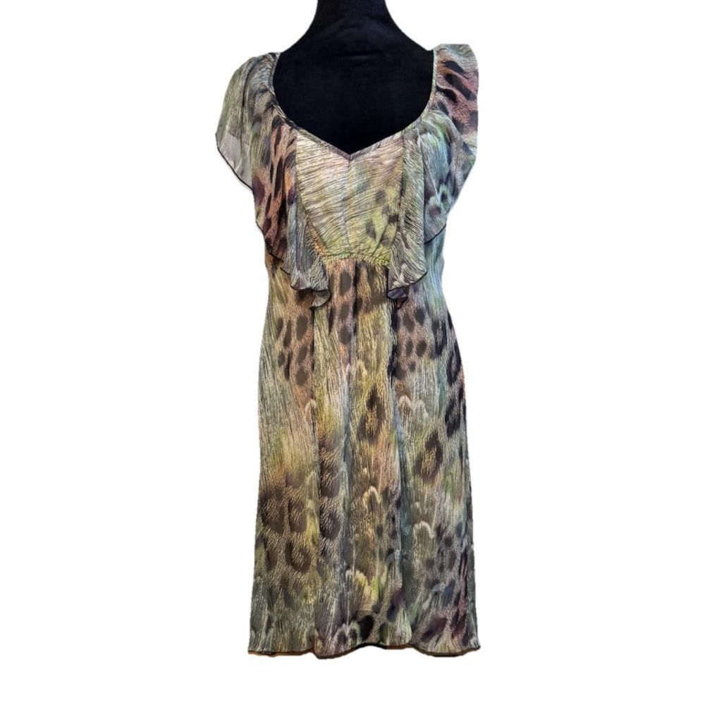 Woodland Fairy Grunge Animal Print Green Khaki Print Ruffled Dress Size M